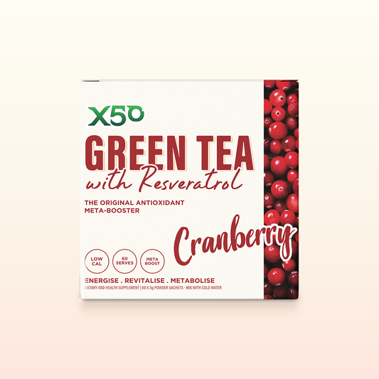 X50 Green Tea with Resveratrol, Cranberry flavor, offering antioxidants, low calorie, metabolism boost, and 60 servings.