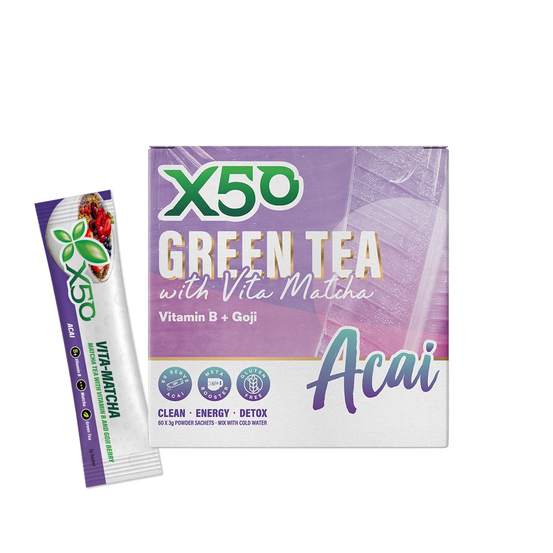 X50 Acai Green Tea with Vita Matcha, featuring Vitamin B, Goji, & antioxidants, promoting clean energy, detox, and wellness.