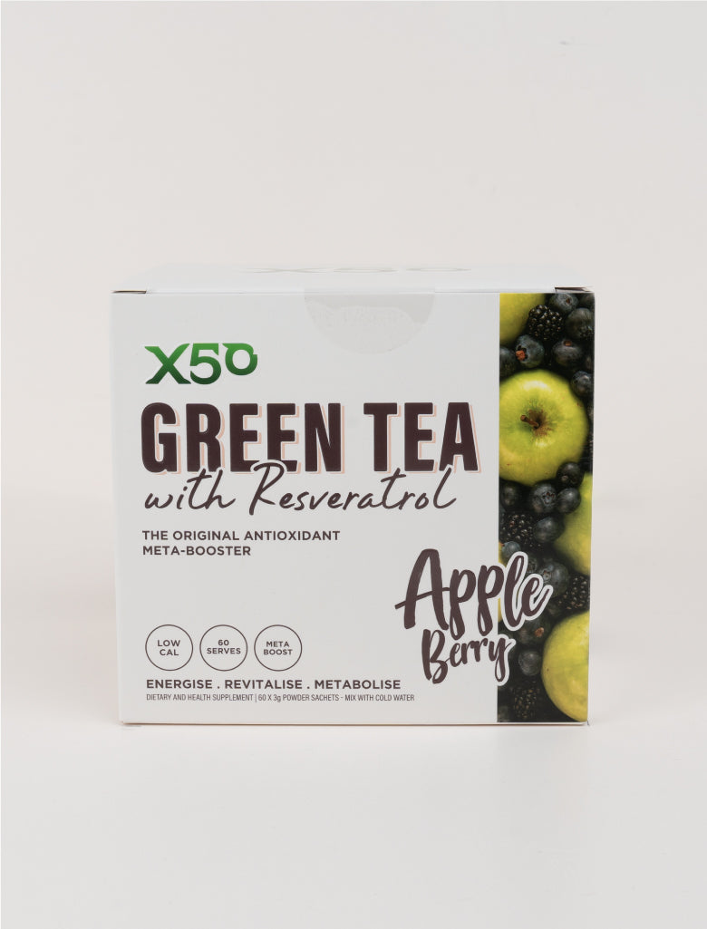 X50 Green Tea with Resveratrol, Apple Berry flavor, offering antioxidants, low calorie, metabolism boost, and 60 servings.