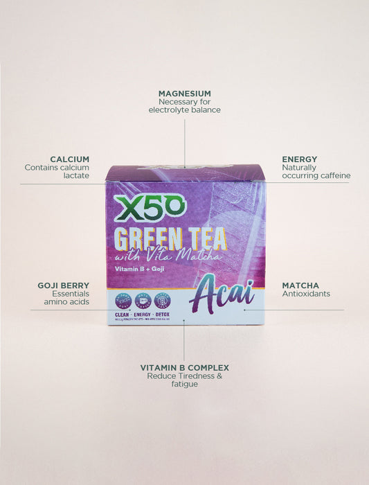 X50 Acai Green Tea with Vita Matcha, enriched with magnesium, calcium, goji, Vitamin B complex, antioxidants, natural energy.