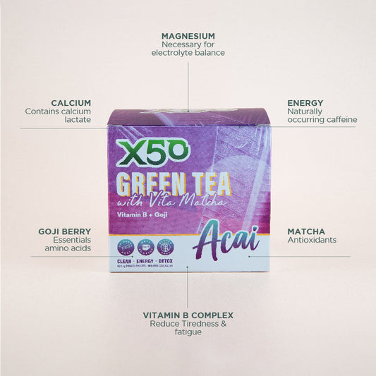 X50 Acai Green Tea with Vita Matcha, enriched with magnesium, calcium, goji, Vitamin B complex, antioxidants, natural energy.