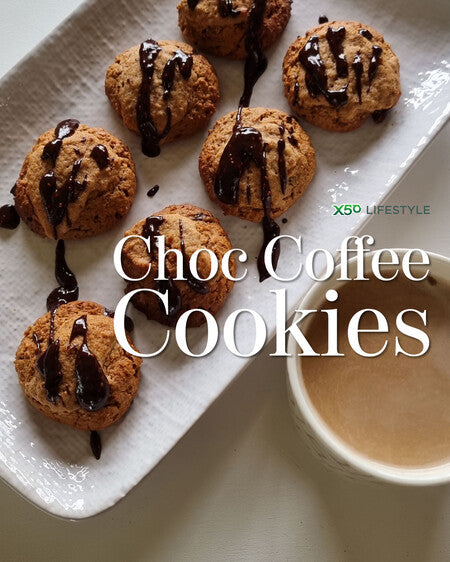 Photo of cookies on plate with coffee, "choc coffee cookies"