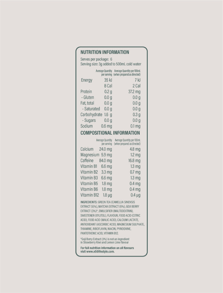 X50 Summer Fruits Green Tea with Vita Matcha Nutrition Facts