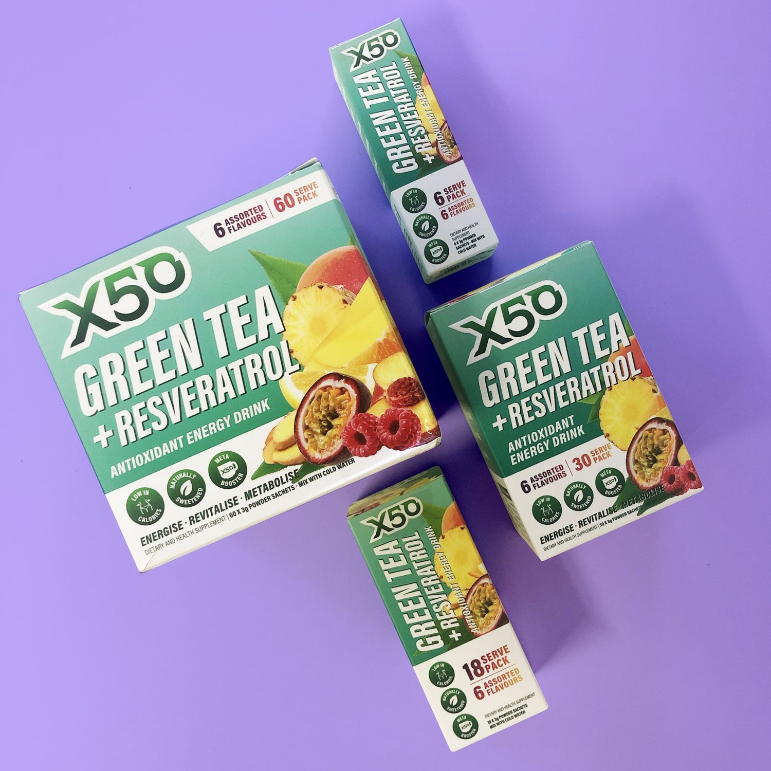 X50 Green Tea + Resveratrol packs in assorted flavors